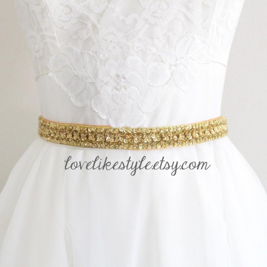 Свадьба - Gold Sequined and Beaded Lace Old Gold  Ribbon Sash, Bridal Gold Sash, Bridesmaid Sash, Gold Sequined Headband.