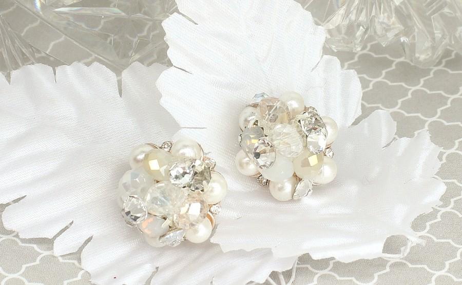 Свадьба - Art Deco Bridal Studs- Ivory Bridal Studs- Bridal Cluster Earrings- Rhinestone Studs- Wedding Earrings- Vintage Inspired Studs- Brass Boheme