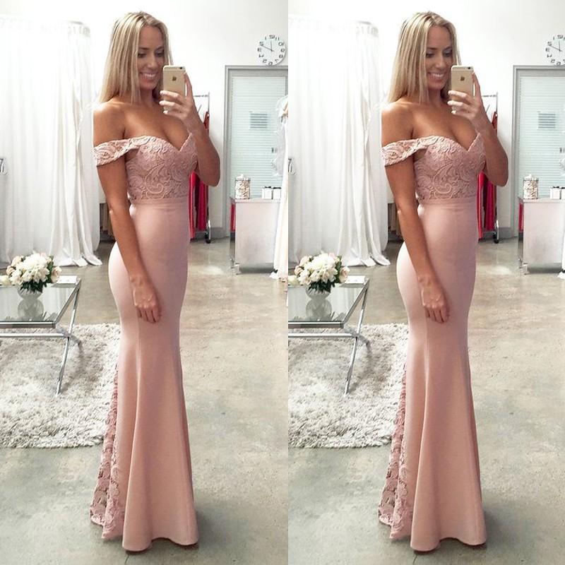 Wedding - Blush Bridesmaid Prom Dress with Lace Top Off Shoulder Floor-Length