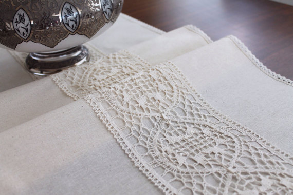 Wedding - natural linen table runner, wedding, rustic table runner, ivory lace, rustic chic
