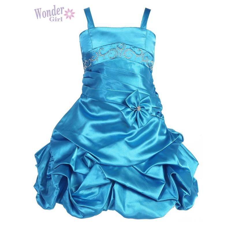 زفاف - Turquoise Satin Gathered Dress w/ Rhinestones & Pleated Waistline Style: D2113 - Charming Wedding Party Dresses