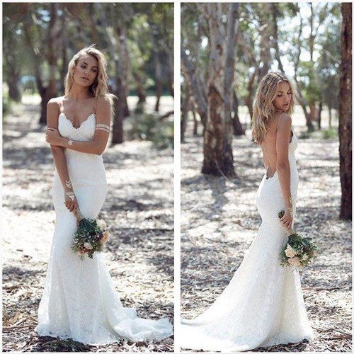 Bohemian Mermaid Lace Wedding Dress Spaguetti Straps Open Back Bohemian Mermaid Lace Wedding Dress Spaguetti Straps Open Back