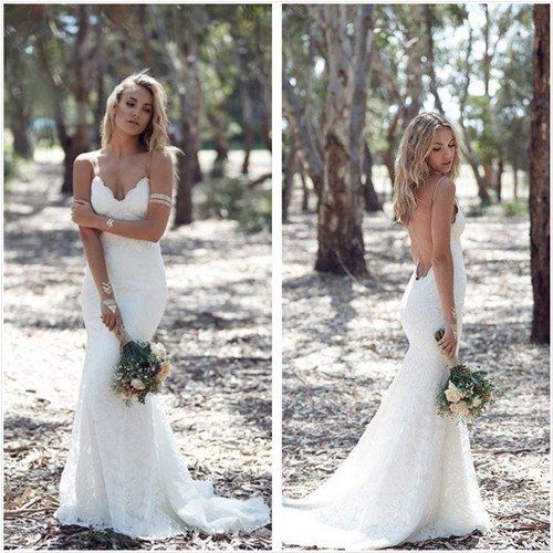 Wedding - Bohemian Mermaid Lace Wedding Dress Spaguetti Straps Open Back Wedding Dress Bohemian Wedding Dress