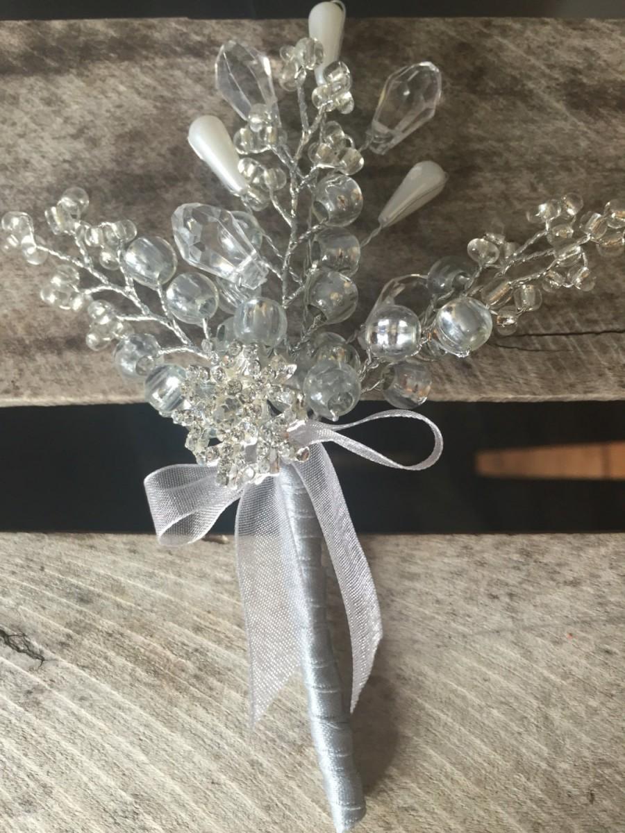 Wedding - Boutonniere in silver with diamante snowflake and silver, white and clear crystals. Winter wedding. Christmas wedding. Buttonhole.