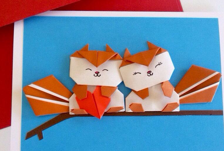 Hochzeit - Squirrel Wedding card, Origami, Anniversary Pop up Card, Birthday card, Paper Squirell, Paper art, Origami card, Romantic card O