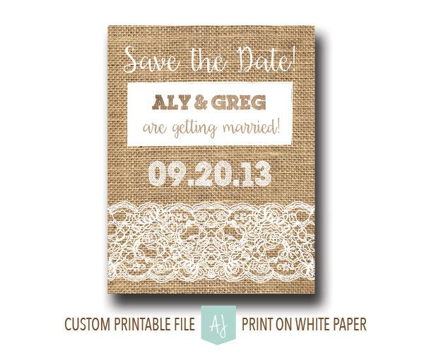 Hochzeit - Rustic Wedding Save the Date with Burlap and Lace- Wedding Invitation- Customization Included