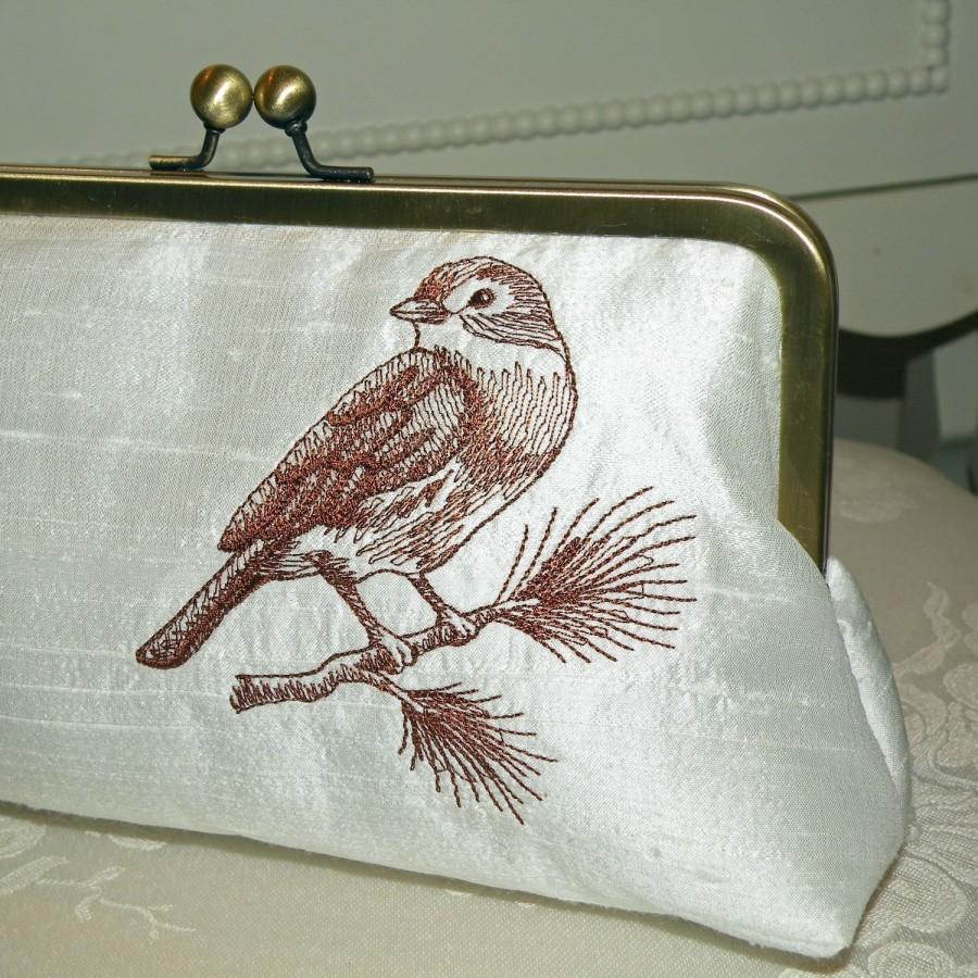 زفاف - Bird On A Branch Clutch/Purse/Bag..Silk Fabric..Custom  Embroidered..Toile..Chocolate Brown..