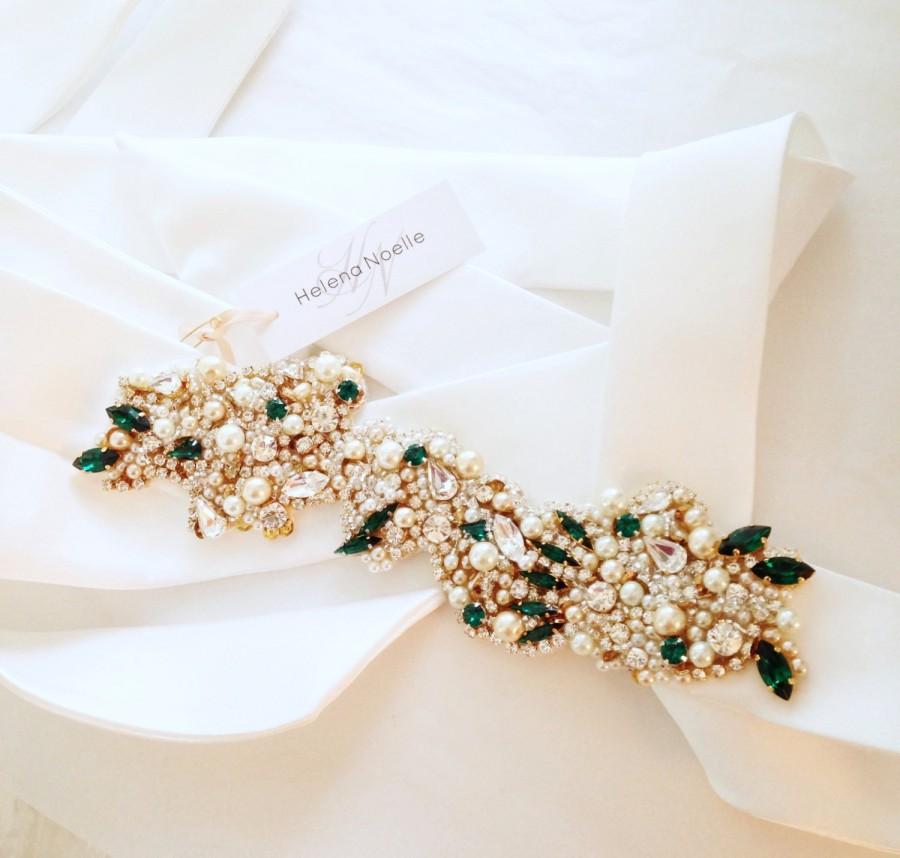 زفاف - Gold and Emerald Green Bridal Headpiece- Vintage Wedding- Swarovski Crystal Bridal Bandeau- One-of-a-Kind Hand-Beaded -Vintage Glamour