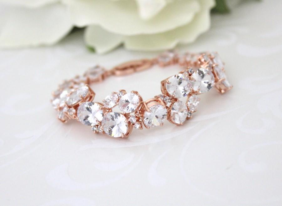 Wedding - Rose Gold bracelet, Crystal Bridal bracelet, Cuff Wedding bracelet, Bridal jewelry, CZ bracelet, Pink gold bracelet, Chunky bracelet