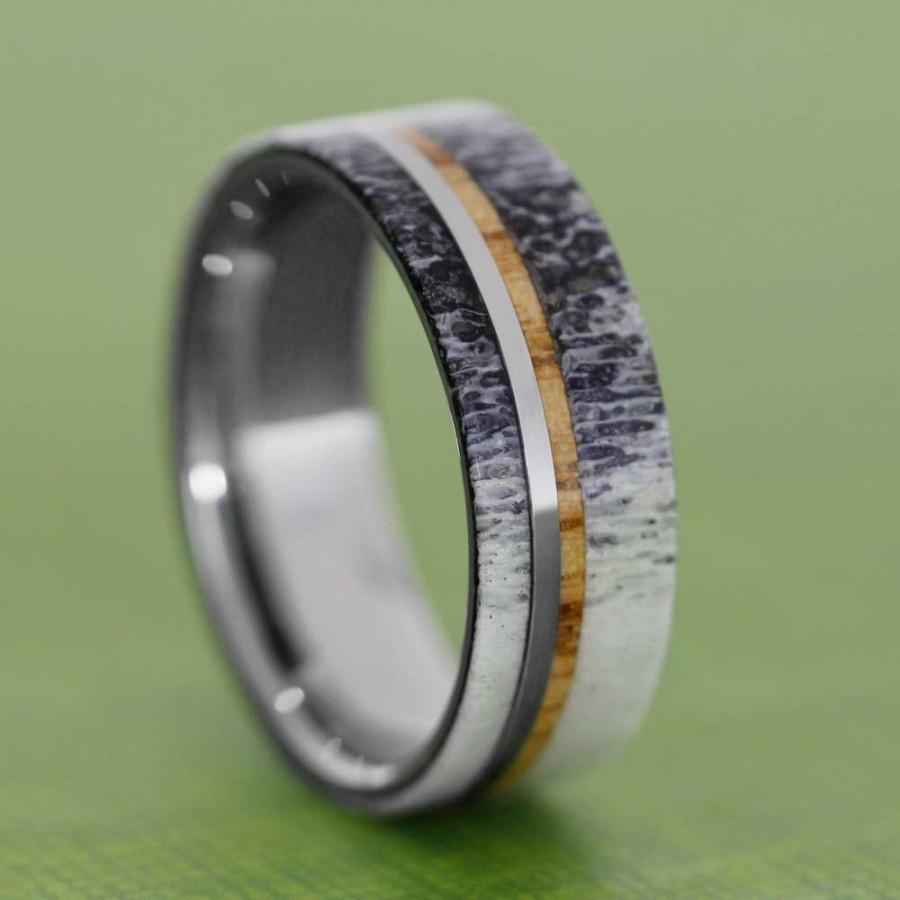 Wedding - Deer Antler Ring With Tungsten And Oak Wood Pinstripes, Tungsten Wedding Band, Wood Ring