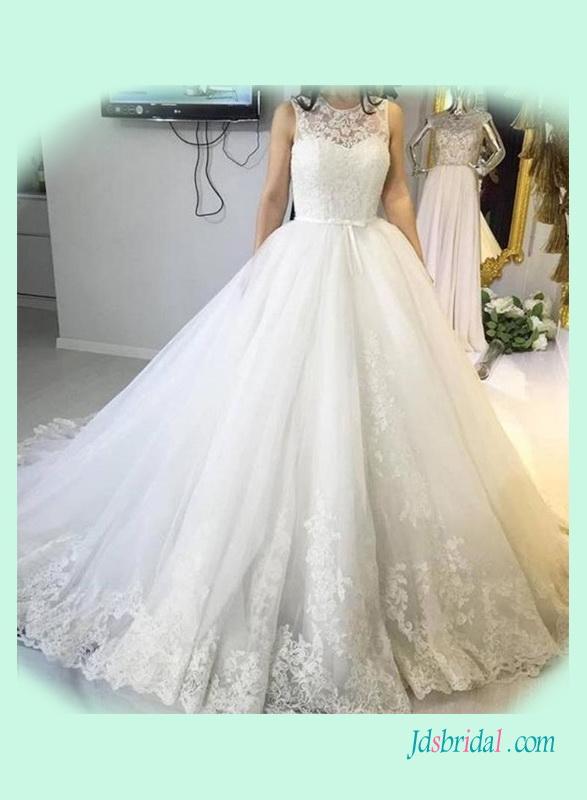 زفاف - Illusion lace top puffy tulle princess wedding dress