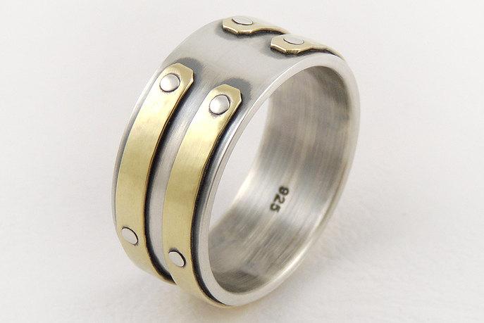 Mariage - Mens silver gold wedding ring-14k gold ring,mens engagement ring,industrial ring,handmade ring,mixed metal ring