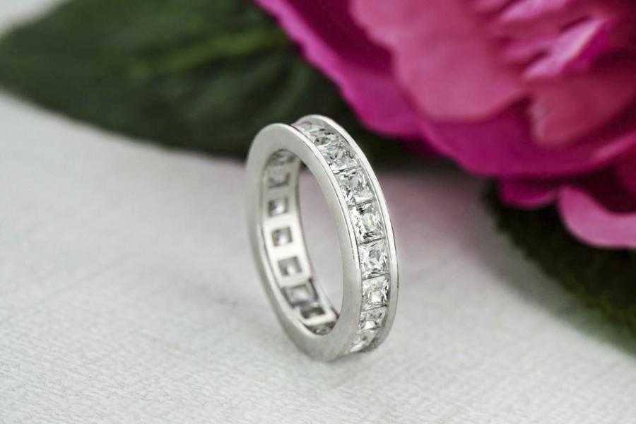 Свадьба - 3.5 ctw Princess Full Eternity Ring, Channel Wedding Band, Engagement Ring, Man Made White Diamond Simulants, Bridal Ring, Sterling Silver