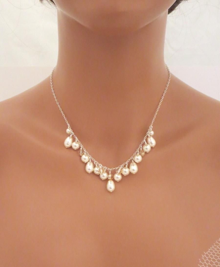 زفاف - Pearl Bridal Necklace, Simple Wedding necklace, Wedding jewelry, Simple backdrop necklace, Swarovski crystal necklace, Sterling silver