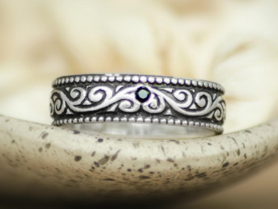 زفاف - Men's Engagement Ring - Smoke Swirl Pattern Wedding Band with Black Tourmaline in Sterling - Silver Anniversary Ring with Stone - Unisex