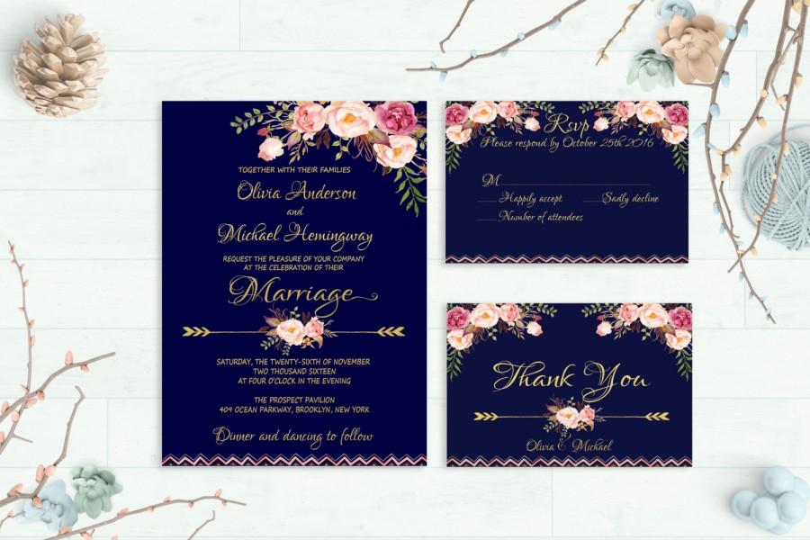 Mariage - Navy Wedding Invitation Printable Wedding Invitation Floral Invite Suite Rustic Kit Gold Foil Typography Boho Wedding Invite Peonies Invite