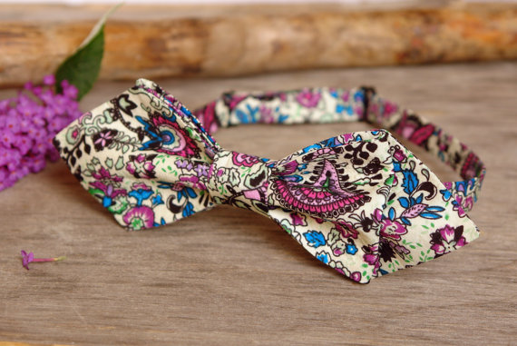 زفاف - Bow Tie Ivory Floral Purple BowTie Ivory with Floral Violet Wedding Bow Tie