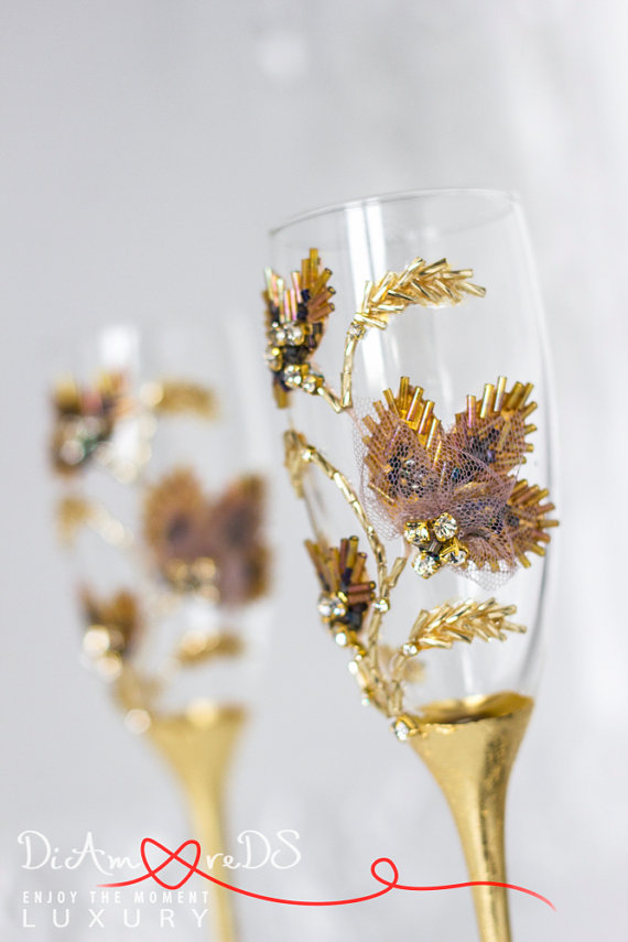 زفاف - Autumn wedding, champagne flutes, rhinestone, gold and bronze, toasting glasses, leaf wedding, gift ideas, maple glasses, crystal, 2 pcs