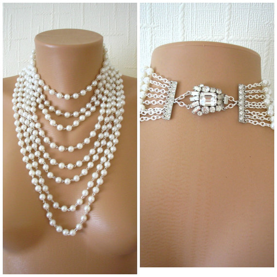 Wedding - Multistrand Pearl Necklace, Statement Necklace, Art Deco, Great Gatsby Jewelry, Pearl Choker, Bridal Pearls, Large Pearl Necklace, Downton