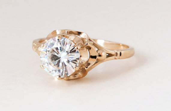 Wedding - Unique Moissanite engagement ring, 14k rose gold engagement ring, vintage style ring, antique style, Forever Brilliant moissanite ring
