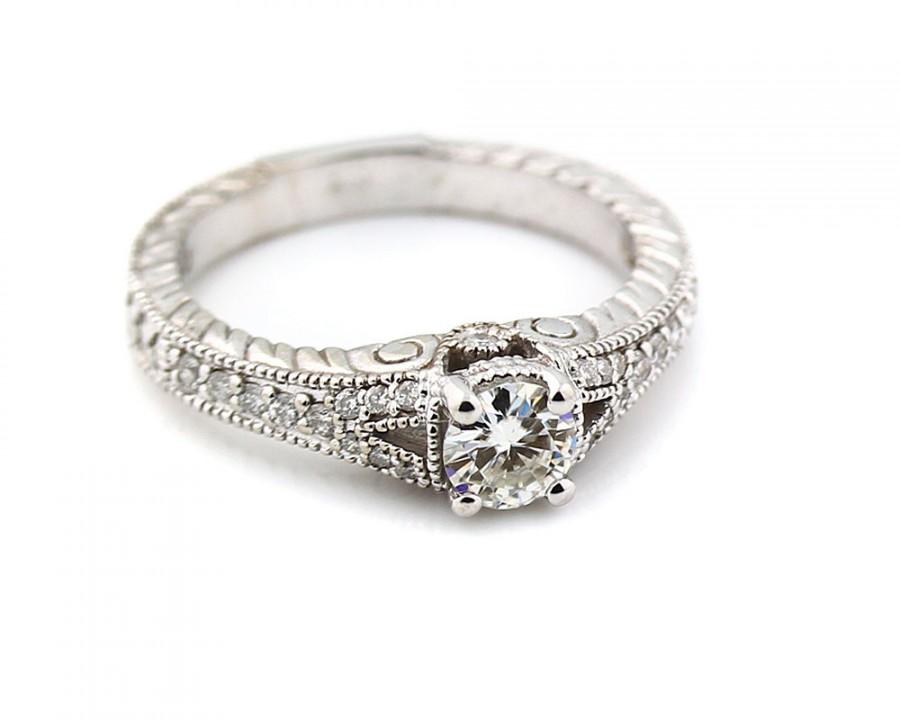 Mariage - 1/2ct 5mm Round Fancy  Forever Brilliant Moissanite Diamond Art Deco Vintage Engagement Ring ENR7898