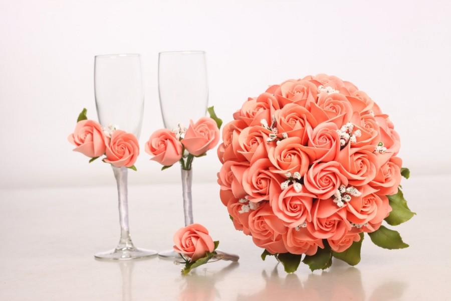 Hochzeit - Alternative bouquet and boutonniere set, wedding bouquet, bouquet of handmade bridal bouquet, bouquet of polymer clay, pink roses