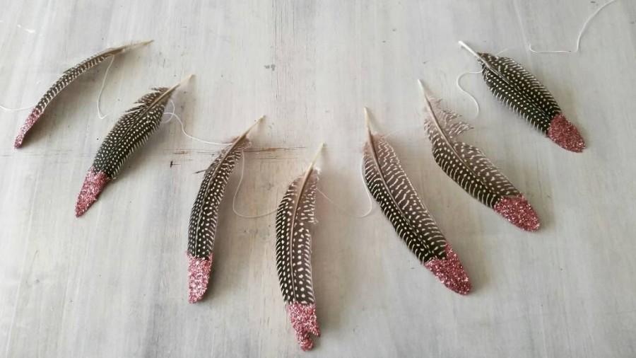 Wedding - Pink Glitter Dipped Natural Feather Garland, Bohemian Feather Garland, Feather Banner, Boho Event Decor, Bohemian Wedding Backdrop, Nursery