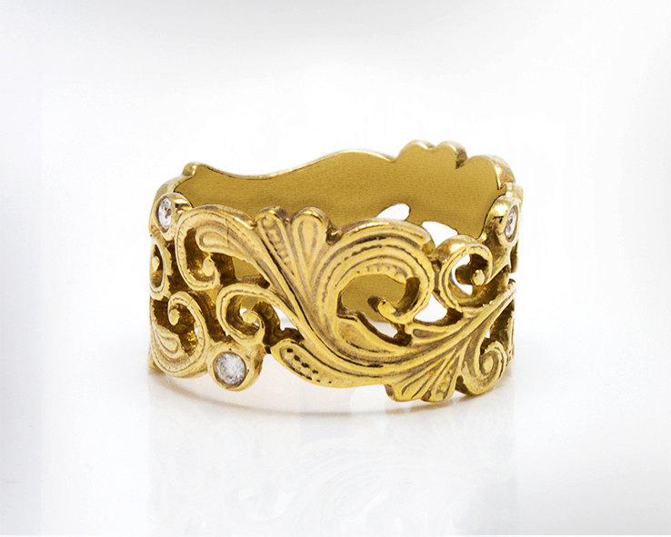Mariage - 18k Gold Band, Gold and Diamond Wedding Rings Women, Art Deco Wedding Ring, Unique Wedding Ring Women, Bridal Wedding Ring, Free Shipping