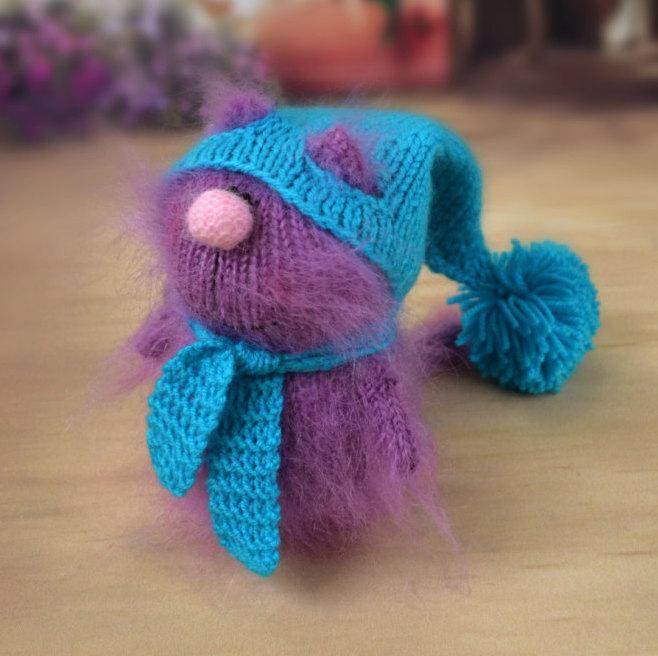 Mariage - SALE Lilac Cat in Blue Hat - Hand-Knitted cat Toy Amigurumi cat Miniature cat Doll wool toy cat Handmade crochet cat plush toys kitten
