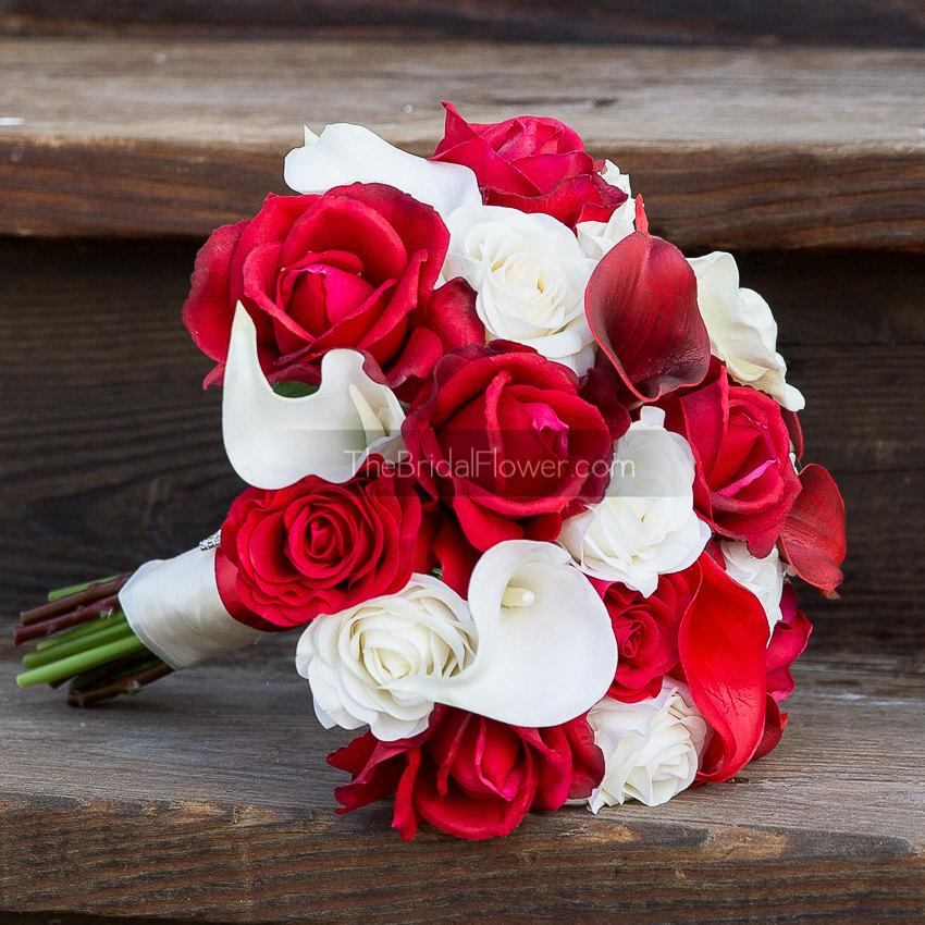 Mariage - Red and cream wedding bouquet, roses calla lilies bouquet, real touch flowers deep apple red ivory roses calla lilies, natural high end