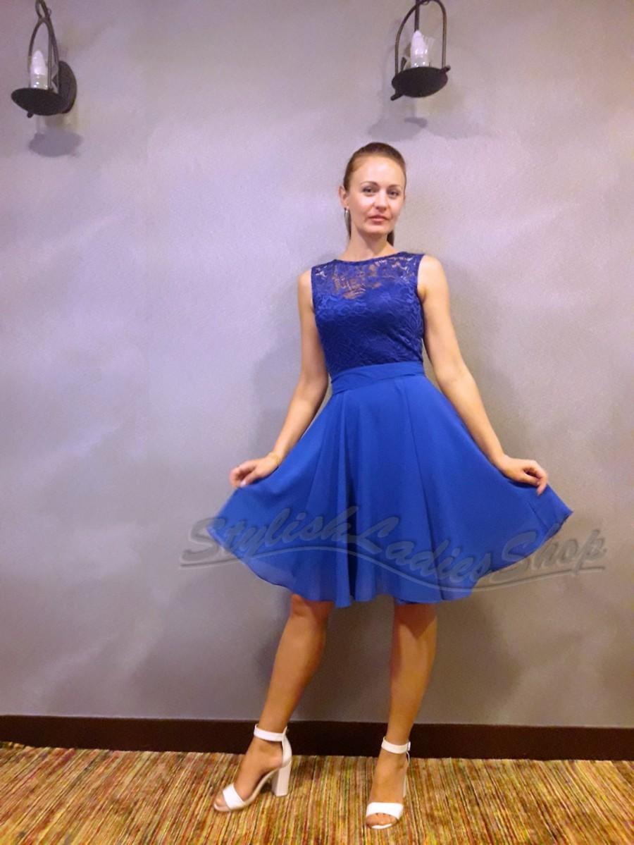 Свадьба - Bridesmaid dress cobalt blue Royal blue bridesmaids Blue lace bridesmaid Wedding party dress cobalt blue Chiffon short dress bridesmaid