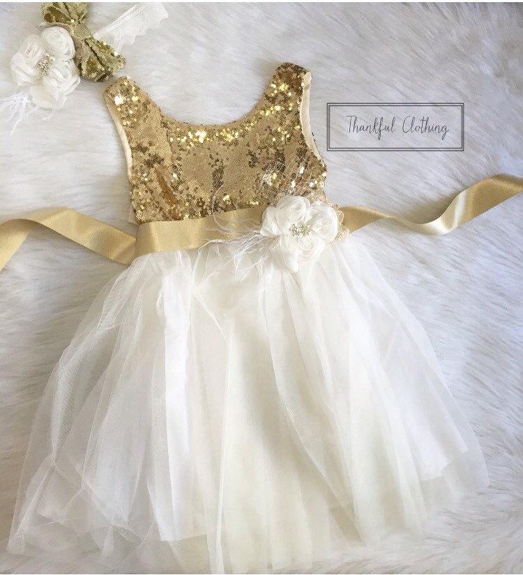 Hochzeit - Flower Girl Dress, Ivory Lace Dress, Rustic, Country Flower Girl Dress, Gold Sequin Flower Girl Dress, White Lace, Wedding Dress