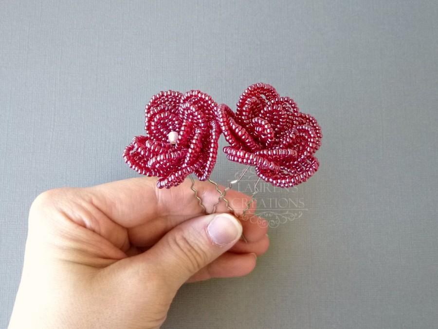 Hochzeit - Beaded Flower Wedding Hair Pins in Wine red, burgundy bridal hair piece, bridesmaid hair clips, with freshwater pearls