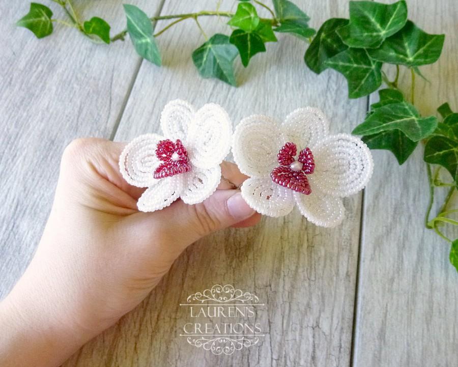 Wedding - French Beaded Orchid Wedding Hair Pins, white and wine red mini flower hair piece, bride or bridesmaid hair accessories, bridal bobby pins,