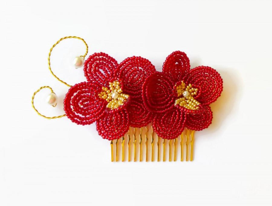 Hochzeit - Beaded Orchid Bridal hair Comb in red and gold, french beaded flower wedding hair piece, floral hair pin,