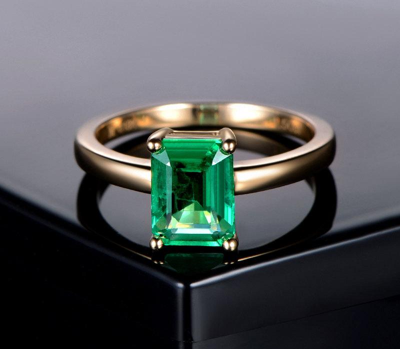 Wedding - Emerald Engagement Ring Emerald Cut Ring 14K Yellow Gold Emerald Ring May Birthstone Ring