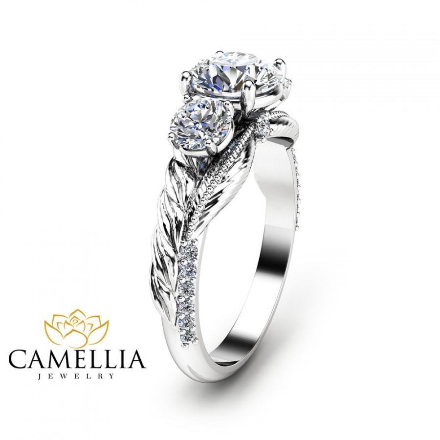 Wedding - Three Stone Moissanite Engagement Ring 14K White Gold Moissanite Ring Leaf Engagement Ring