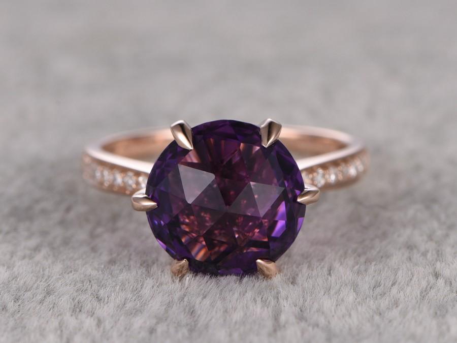 زفاف - Round Amethyst Engagement ring,Diamond wedding ring,14K Rose Gold Band,6-Prongs,Purple stone Promise Ring,Bridal Ring,Birthstone New Design