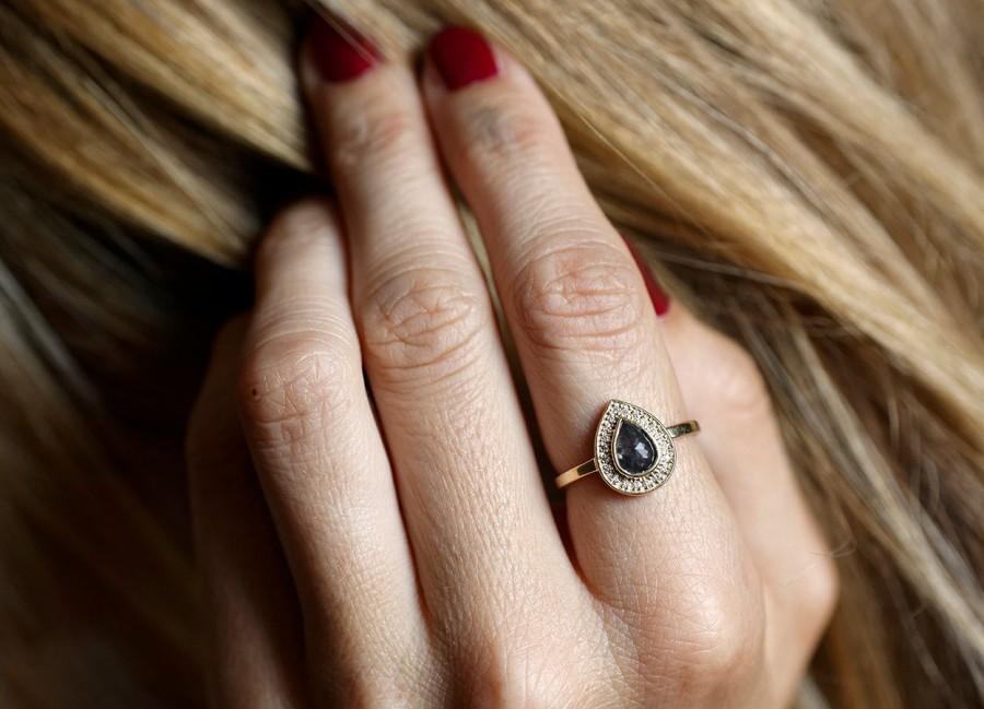 Hochzeit - Grey Diamond Ring, Pear Diamond Engagement Ring, Halo Diamond Ring, Halo Pear Diamond Ring, Rose Cut Diamond Ring, Grey Rose Cut Diamond