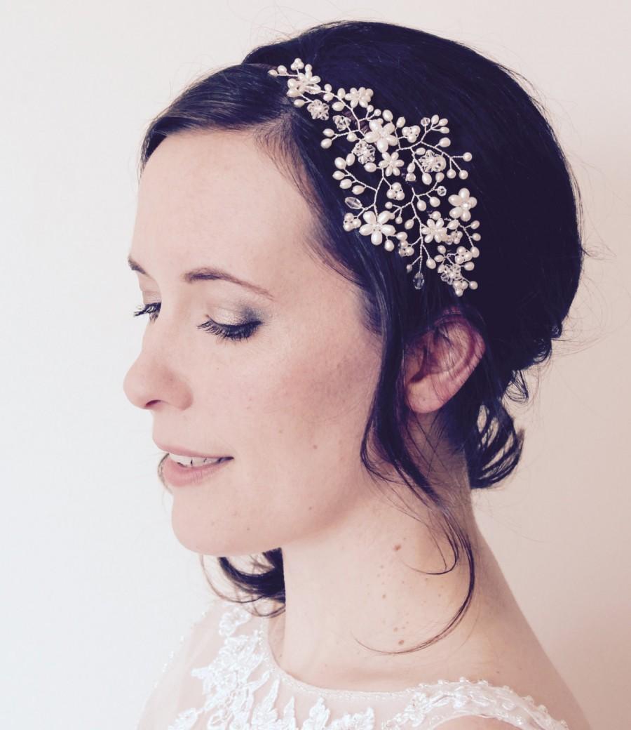 Hochzeit - Bridal pearl crystal side tiara, vintage wedding floral vine headpiece, Swarovski headdress, pearl flower headband, bride flower accessory