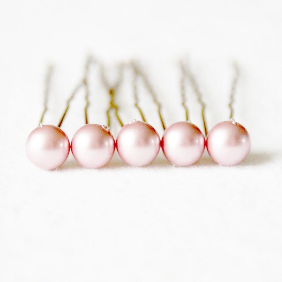 Свадьба - Pink / Powder Rose Pearl Wedding Hair Pins. Set of 5, 8mm Swarovski Crystal Pearls. Wedding Hair Accessories. Bridal Hair Pins.