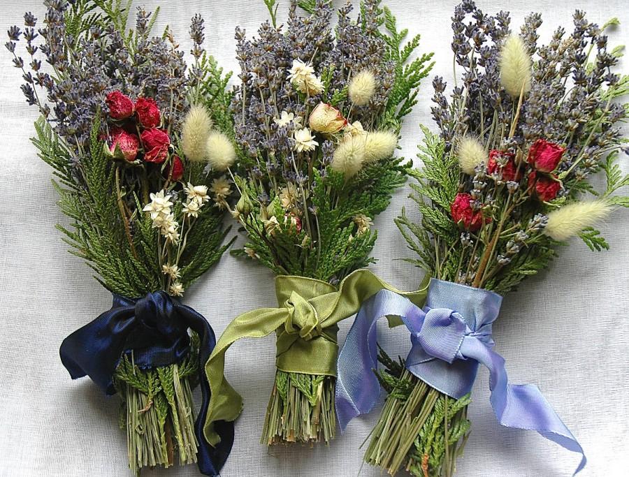 Hochzeit - Winter Wedding Bridesmaid Bouquet of  English Lavender, Woodland Cedar, Roses and Dried Grasses and Flowers