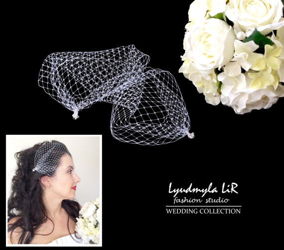 زفاف - Bridal Bandeau Birdcage Veil Wedding Veil with Swarovski Crystals & Pearls. Headpiece Accessory, French Russian Veiling, White Ivory Black