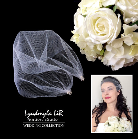 Wedding - Bridal Bandeau Birdcage Veil Wedding Veil with Swarovski Crystals & Pearls. Headpiece Accessory, Tulle Veil White, Ivory, Blush Pink, Black