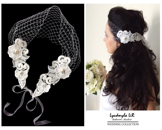 Wedding - Wedding Bridal Bandeau Birdcage Veil with Lace, Swarovski Crystals & Pearls. Headpiece Hair piece Accessory, French Russian Veiling White