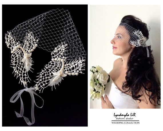 Hochzeit - Wedding Bridal Bandeau Birdcage Veil with Lace, Swarovski Crystals & Pearls. Headpiece Hair piece Accessory, French Russian Veiling White