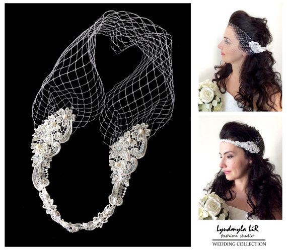 Свадьба - Wedding Bridal Bandeau Birdcage Veil. Lace Swarovski Crystals Pearls. Headband Headpiece Hair piece Accessory French Russian Veiling White