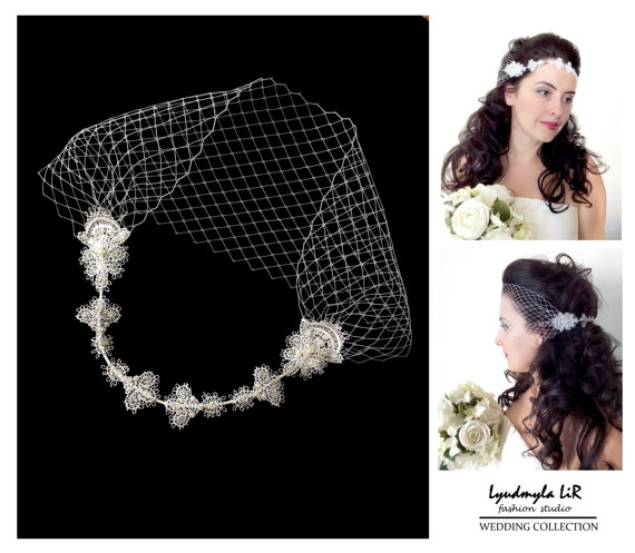 Hochzeit - Bridal Wedding Bandeau Birdcage Veil. Lace Swarovski Crystals Pearls. Headband Headpiece Hair piece Accessory French Russian Veiling White
