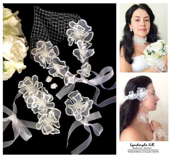 Wedding - Bridal Wedding 4pc Set with White Flowers: Bandeau Birdcage Veil/Earrings/Bracelet/Necklace/Headpiece/Headband. Swarovski Crystals Pearls