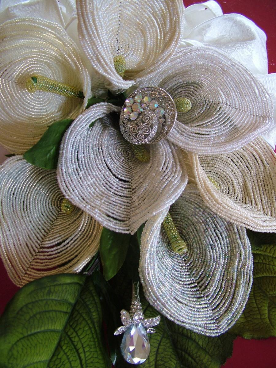 Hochzeit - Wedding Bouquet handmade French beaded flowers and rhinestone brooches heirloom forever